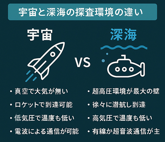 宇宙と深海の探査環境の違い図解