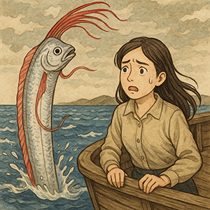 リュウグウノツカイを見て驚く女性