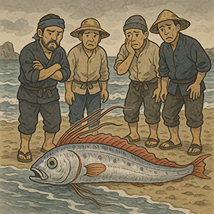 浜に打ち上げられたリュウグウノツカイを見て不安げな漁師達