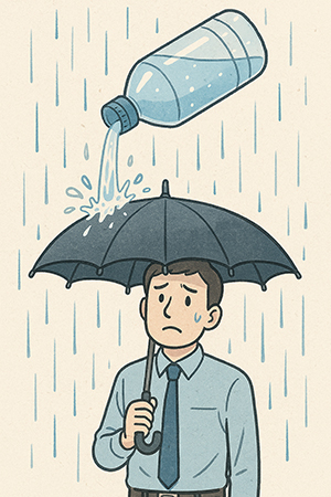 1時間に1リットルの雨が傘に降り注ぐイメージのイラスト