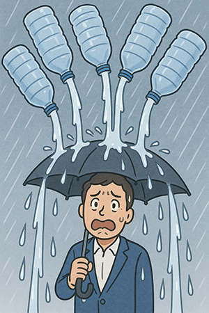 1時間に5リットルの雨が傘に降り注ぐイメージのイラスト