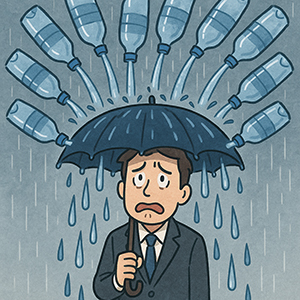 1時間に10リットルの雨が傘に降り注ぐイメージのイラスト